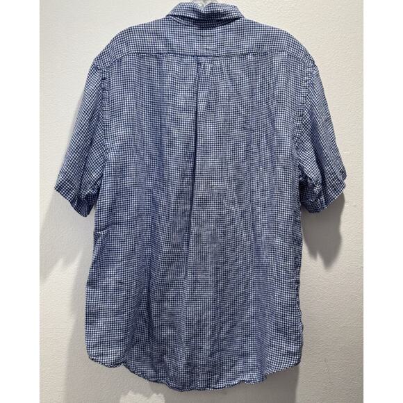 Ralph Lauren Men’s XL Blue White Check Print Linen Button Up Short Sleeve Shirt - Picture 3 of 7